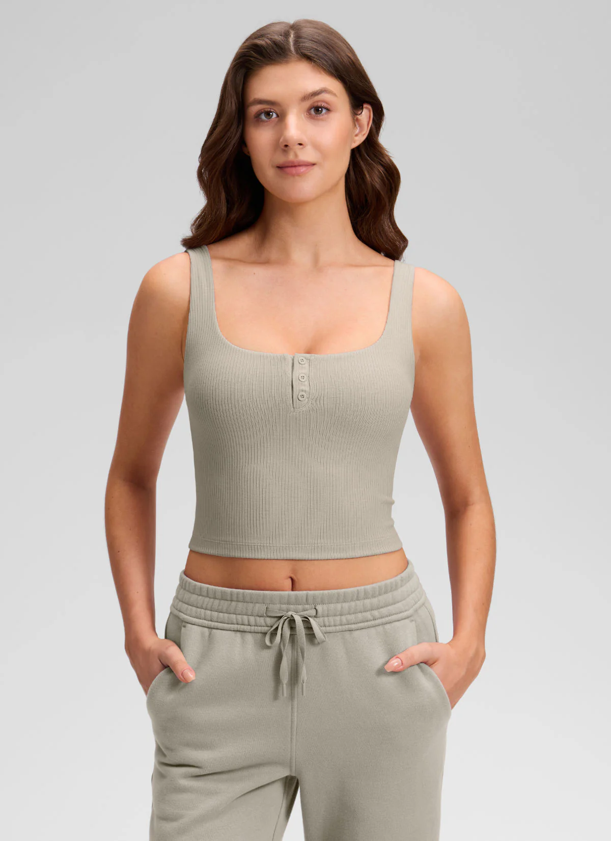 Ribbed Henley Neck Built in Bra Tank - Image 42